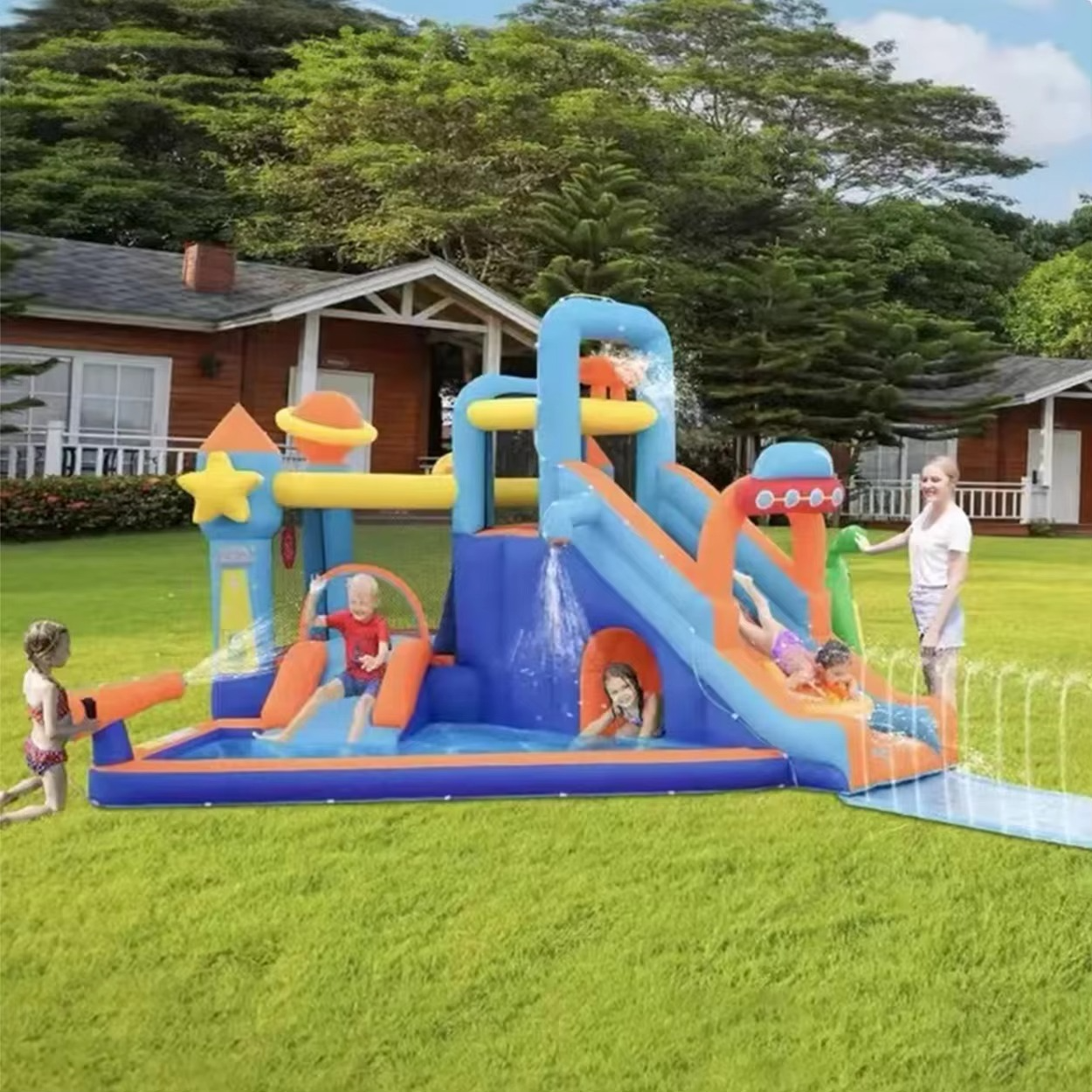 AirMyFun Home Water Castle – 9-in-1 Inflatable Water Park with Slide, Trampoline & Pool (Model 83098)