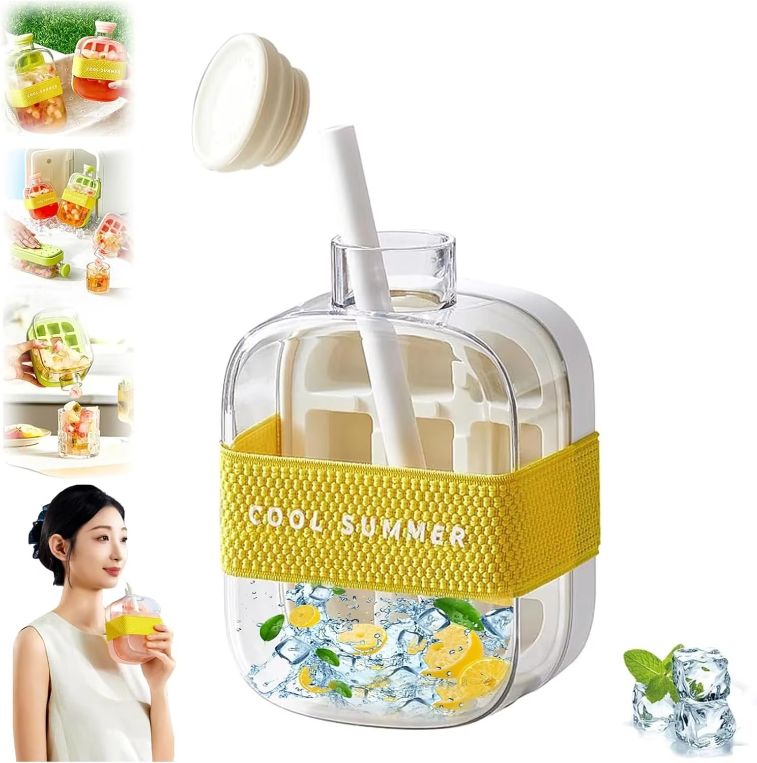 2-in-1 Ice Cube Tray & Portable Water Bottle with Straw (500ml)