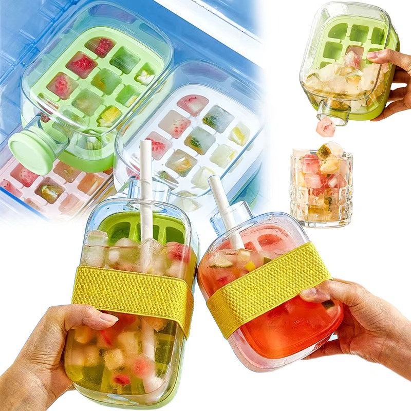 2-in-1 Ice Cube Tray & Portable Water Bottle with Straw (500ml)