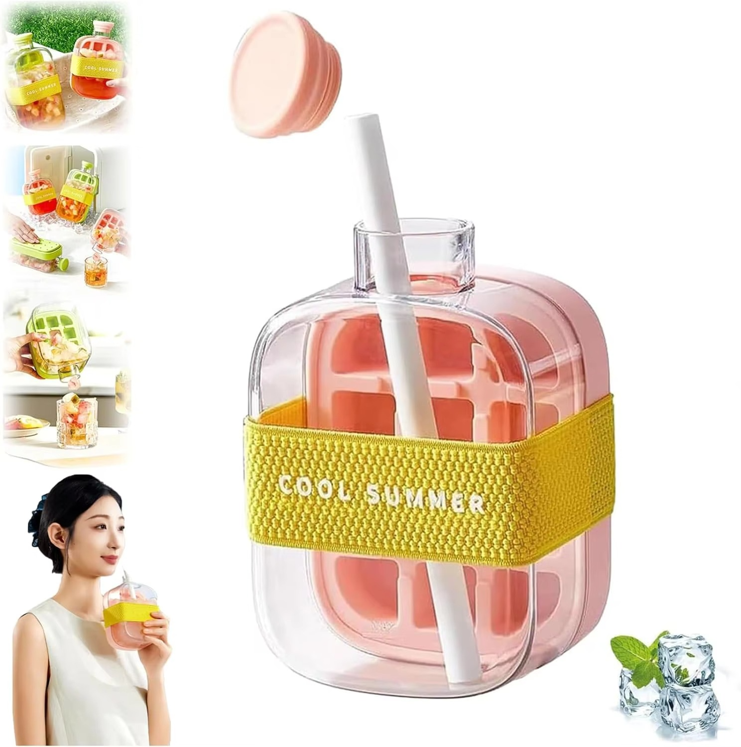 2-in-1 Ice Cube Tray & Portable Water Bottle with Straw (500ml)